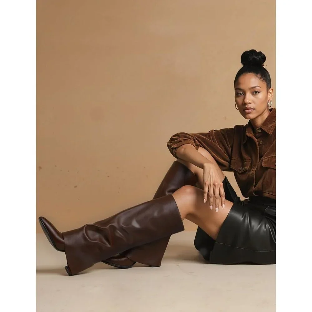 Women Chocolate Faux Leather Fold Over Knee High Chunky High Heels Long Boot